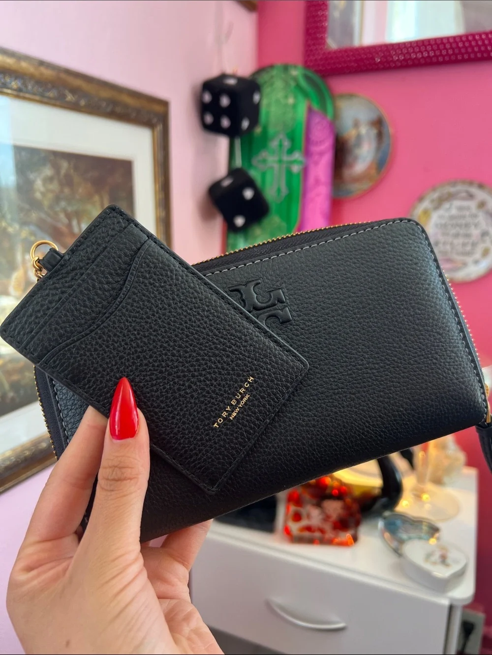 Tory Burch Black Pebbled Leather Zip Wallet with T-Logo
